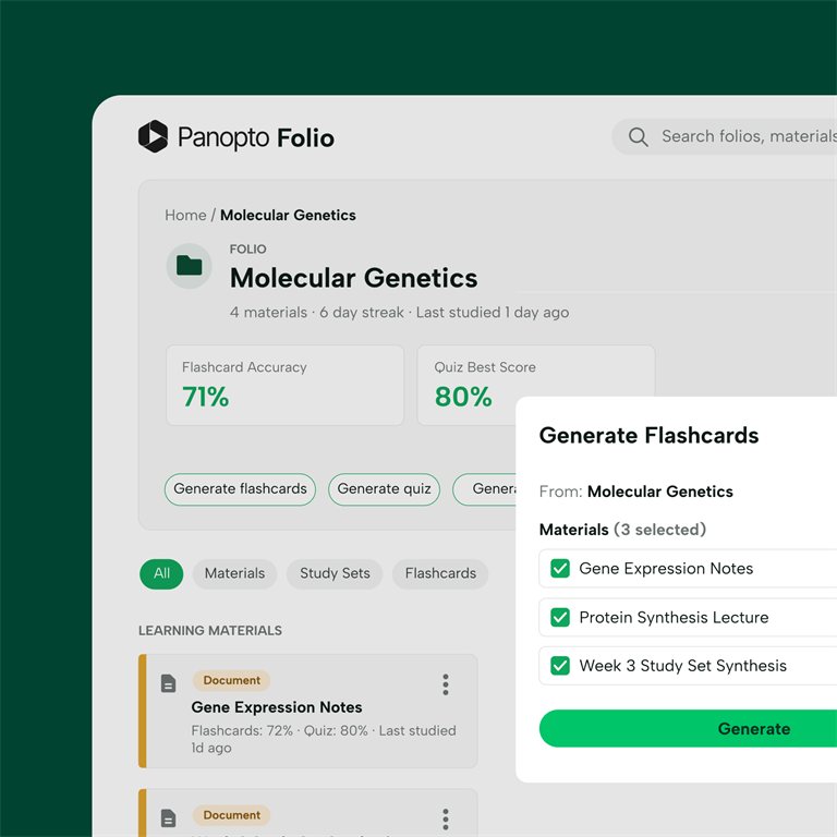 Panopto Folio med studiesæt og generering af flashcards og quiz