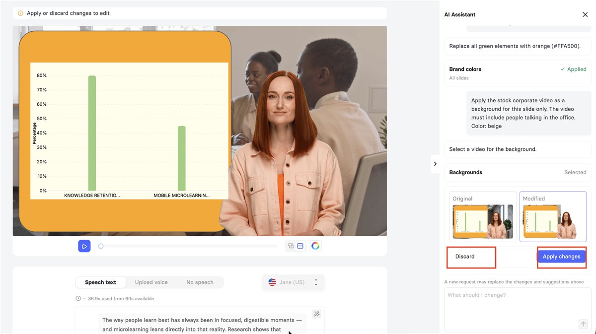 Elais AI Assistant i videoeditoren viser et forslag, der kan godkendes eller kasseres
