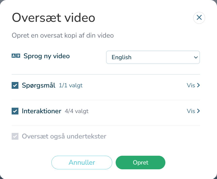 Dialogen Oversæt video i hihaho: opret en oversat kopi af din video med spørgsmål og interaktioner