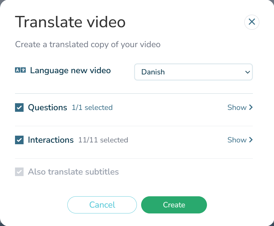 The Translate video dialog in hihaho: create a translated copy of your video including questions and interactions